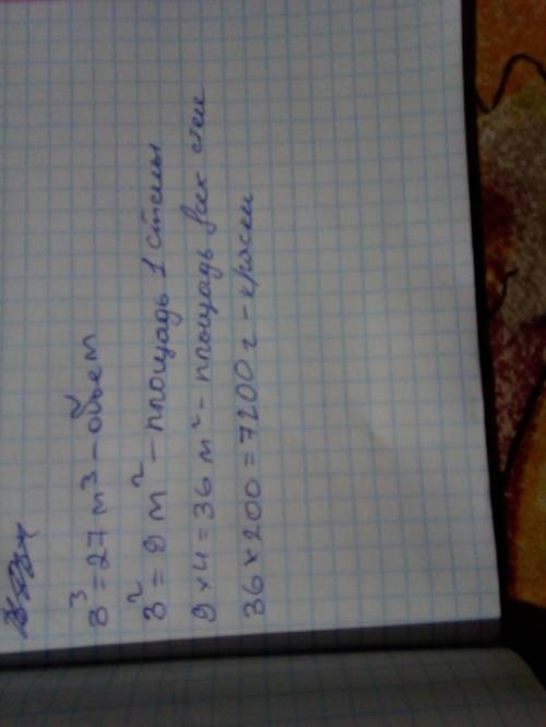 Комната имеет форму куба со стороной 3м.какой обьем воздуха в этой комнате? найди площадь стен в это