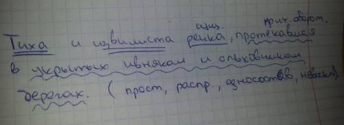 Сделать синтаксический разбор.тиха и извилиста речка протекавшая в укрытых ивняком и ольховником бер