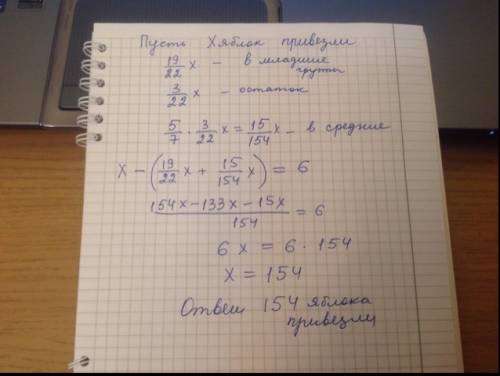 Вдетский сад яблоки. в младшие группы раздали 19/22 всех яблок , а в средние 5/7 остатка, после этог