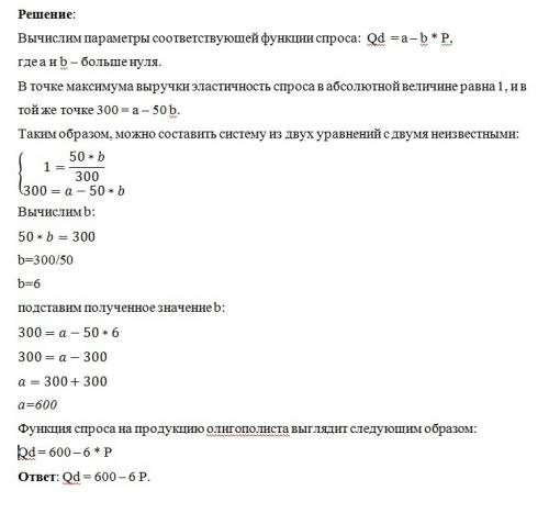 Определите формулу линейной функции спроса на продукцию олигополиста, если известно, что он получает