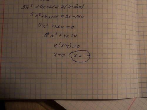 Решите уравнение 5x^2+6x+21=7(3-2x). если уровнение имеет более одного корня, в ответе запишите мень