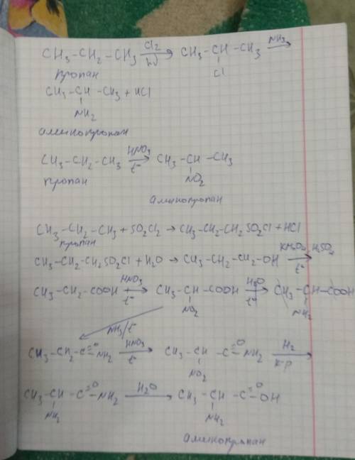 Написать уравнения реакций получения: 1.) пропан -> аминопропан 2.) пропан -> нитропропан 3.)