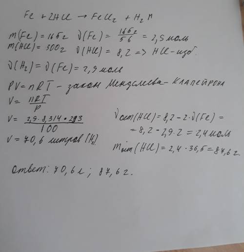 Сколько литров водорода(20 градусов и 100 кпа) выделится при взаимодействий 165 г железа с 1 кг 30%-