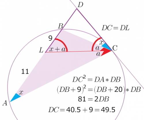 100 ! биссектриса cl треугольника abc делит сторону ab на отрезки al=11 и bl=9. касательная к описан