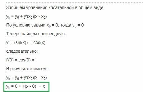 Написать уравнение касательной к графику функции f(x)=sinx в точке с абсциссой x0=0.