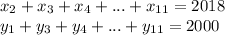 x_2+x_3+x_4+...+x_{11}=2018 \\\&#10; y_1+y_3+y_4+...+y_{11}=2000