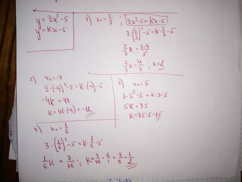 Сшкольным примером! (8 класс, ) найти значение k, при котором значения функции y=3x^2-5 и y=kx-5 рав