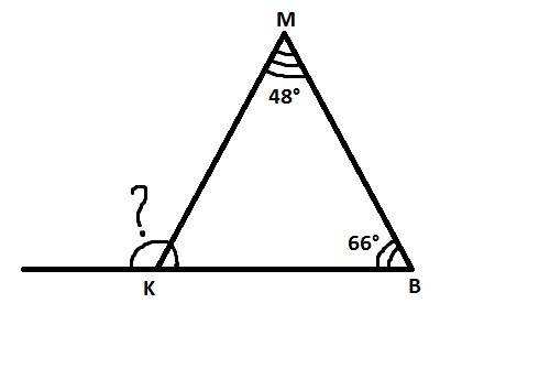 Втреугольнике кмв внутренний угол по вершине м равен 48 а внутренний угол при вершине в равен 66 най
