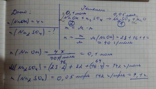 Вычислить массу сульфата натрия который образуется при реакции 4 г гидроксида натрия с серной кислот