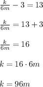 \frac{k}{6m} - 3 = 13\\\\\frac{k}{6m} = 13 + 3\\\\\frac{k}{6m} = 16\\\\k = 16 \cdot 6m\\\\k = 96m