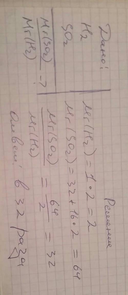 Рассчитайте,во сколько раз молекула водорода легче молекулы сернистого газа. формула водорода-h2, се