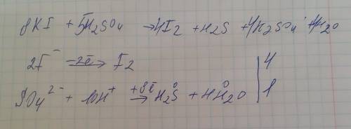 8ki+5h2so4=4i2+h2s+4h2o+4k2so4 . если уравнивать методом полуреакций,то получается вот так: 2i-2e=i2