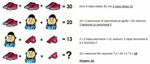 3пары обуви это 30 пара обуви+2 мальчикаэто это 20 мальчик +1пара свистков+1 пара свитков это 13 ско