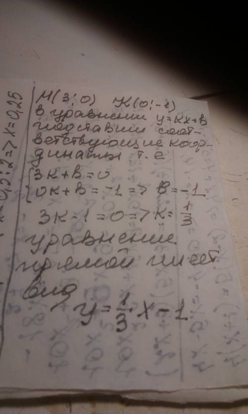 Объясните , как решить эту : график функции y=kx+b пересекает оси координат в точках м(3; 0) и к(0;