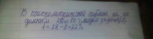 Какую температуру показывает влажный термометр психрометра августа, если при 28 0c относительная вла