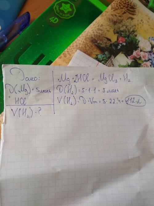 Який обєм водню можна отримати внаслідок дії хлоридної кислоти на 5 моль магнію