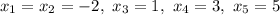 x_1=x_2=-2,~ x_3=1,~ x_4=3,~ x_5=5