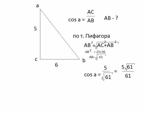 Впрямоугольном треугольнике авс угол с=90°,ас =5см,вс =6см,найти cos угла а