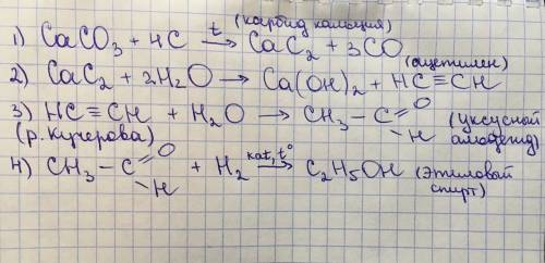 Осуществить цепочку превращения caco3-cac2-c2h2-ch3-coh-c2h5oh