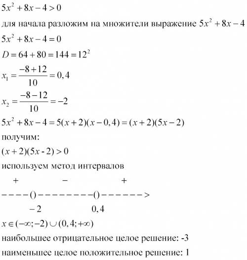 Решите неравенство 5х2 + 8х – 4 > 0 и найдите его наибольшее отрицательное и наименьшее положител