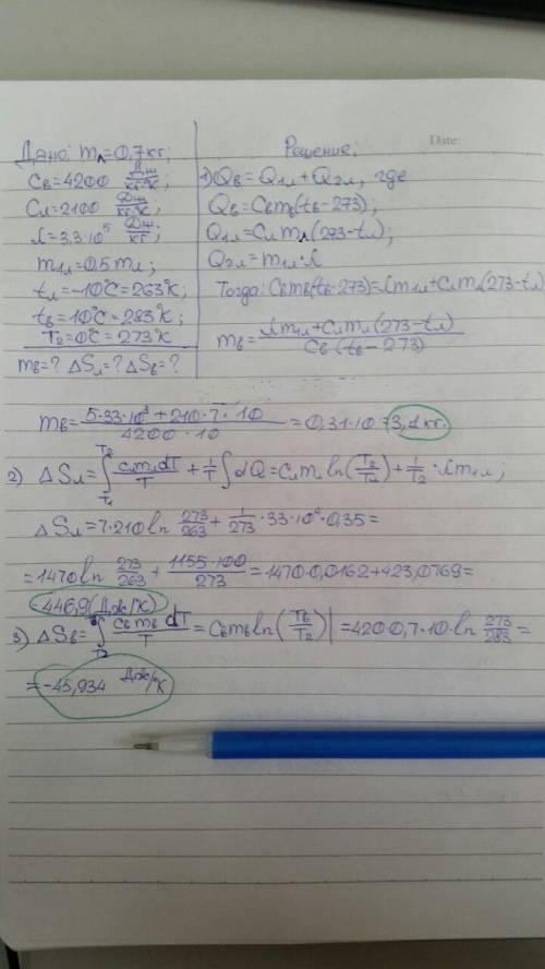 Какую массу воды при температуре +10°с необходимо налить в теплоизолированный сосуд, содержащий 0,7