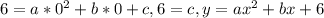 6 = a* 0^{2} + b*0 + c, 6 = c, y = a x^{2} + bx + 6