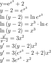 $$ \large \\ y=e^{x^3}+2\\ y-2=e^{x^3}\\ \ln{(y-2)}=\ln{e^{x^3}}\\ \ln{(y-2)}=x^3\cdot\ln{e}\\ \ln{(y-2)}=x^3\\ {y'\over y-2}=3x^2\\ y'=3(y-2)x^2\\ y'=3(e^{x^3}-2+2)x^2\\ y'=3e^{x^3}\cdot x^2 $$