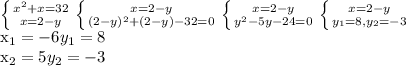 \left \{ {{x^{2} +x=32} \atop {x = 2-y}} \right. &#10; \left \{ {{x = 2-y} \atop { (2-y)^{2} +(2-y)-32=0}} \right. &#10; \left \{ {{x = 2-y} \atop { y^{2} -5y-24=0}} \right. &#10; \left \{ {{x = 2-y} \atop { y_{1}=8, y_{2}=-3 }} &#10;&#10;&#10; x_{1} = -6&#10;y_{1}=8&#10;&#10; x_{2} = 5&#10;y_{2}=-3&#10;&#10;