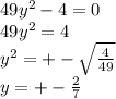 49 {y}^{2} - 4 = 0 \\ 49 {y}^{2} = 4 \\ y {}^{2} = + - \sqrt{ \frac{4}{49} } \\ y = + - \frac{2}{7}