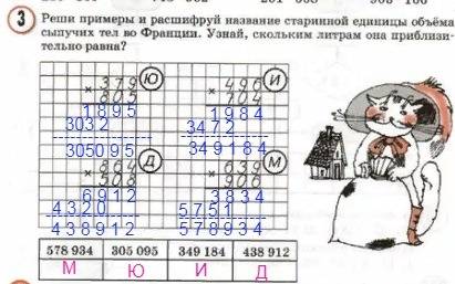 Реши примеры и расшифруй название старинной единицы объёма сыпучих тел во франции. узнай, скольким л