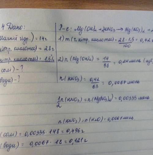 14 г магній гідроксиду провзаємодіяло з 28 г розчину нітратної кислоти. масова частка нітратної кисл