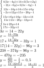 \left \{ {{4(3x - 4y) + 14 = 3(5x + 2y)} \atop {-2(x - 6y) = 5(3x - 4y) - 1}} \right. &#10;\\ \left \{ {{12x-16y+14=15x+6y} \atop {-2x+12y=15x-20y-1}} \right. &#10;\\ \left \{ {{15x+6y+16y-12x=14} \atop {15x+2x-20y-12y=1}} \right. &#10;\\ \left \{ {{3x+22y=14} \atop {17x-32y=1}} \right. &#10;\\3x=14-22y&#10;\\x= \frac{14-22y}{3} &#10;\\17*\frac{14-22y}{3} -32y=1&#10;\\17(14-22y)-96y=3&#10;\\238-374y-96y=3&#10;\\-470y=-235&#10;\\y= \frac{235}{470} = \frac{1}{2}=0,5&#10;\\x= \frac{14-22*0,5}{3} = \frac{14-11}{3} =1