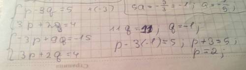 Решите сложения 1) a+b=2 5a+2b=3 2) p-3q=5 3p+2q=4