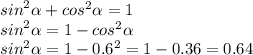 {sin}^{2} \alpha + {cos}^{2} \alpha = 1 \\ {sin}^{2} \alpha = 1 - {cos}^{2} \alpha \\ {sin}^{2} \alpha = 1 - {0.6}^{2} = 1 - 0.36 = 0.64