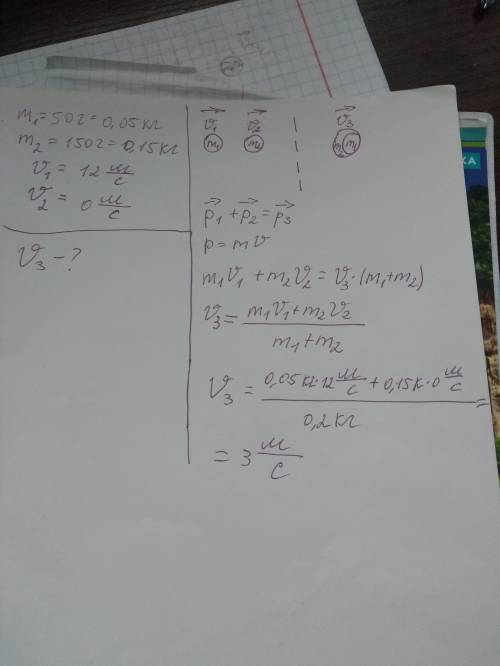 Куля масою 50 г яка рухалася зі швидкістю 12 м/с, влучає в нерухому кулю 150 г і застряє в ній.з яко