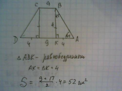 Основания равнобедренной трапеции равны 9см и 17см. угол, образованный боковой стороной и большим ос