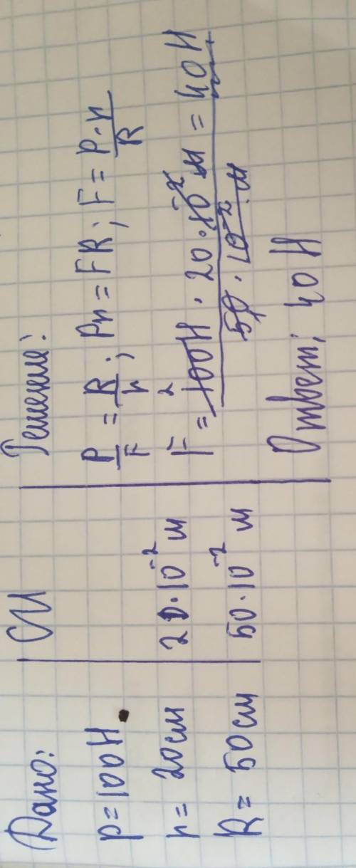 Какую силу надо приложить к рукоятке ворота при подъеме груза весом 100h ? радиус цилиндра 20см ради