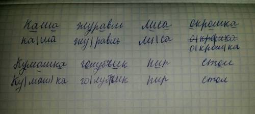 Подчеркни гласные в словах.раздели слова на слоги каша,журавль,лиса,окрошка,кумушка,голубчик,пир,сто