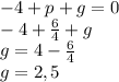 -4+p+g = 0 \\ -4+\frac{6}{4}+g \\ g = 4 - \frac{6}{4} \\ g = 2,5