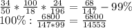 \frac{34}{50} * \frac{100}{18}* \frac{24}{196} = \frac{68}{147} -99\%\\&#10;100\%: \frac{6800}{147*99} = \frac{6800}{14553}