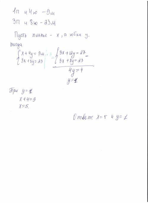 На пошив 1 платья и 4 юбок пошло 9 м ткани, а на 3 таких же платья 8 таких же юбок - 23 м ткани