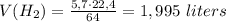 V(H_2) = \frac{5,7 \cdot 22,4}{64} = 1,995 \ liters