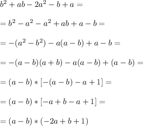 b^2+ab-2a^2-b+a=\\\\&#10;=b^2-a^2-a^2+ab+a-b=\\\\&#10;=-(a^2-b^2)-a(a-b)+a-b=\\\\&#10;=-(a-b)(a+b)-a(a-b)+(a-b)=\\\\&#10;=(a-b)*[-(a-b)-a+1]=\\\\&#10;=(a-b)*[-a+b-a+1]=\\\\&#10;=(a-b)*(-2a+b+1)