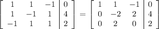 \left[\begin{array}{ccc|c}1&1&-1&0\\1&-1&1&4\\-1&1&1&2\end{array}\right] = \left[\begin{array}{ccc|c}1&1&-1&0\\0&-2&2&4\\0&2&0&2\end{array}\right]