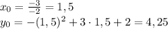 x_0 = \frac{-3}{-2} = 1,5 \\ y_0 = -(1,5)^2+3 \cdot 1,5+2 =4,25