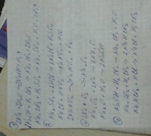 Напишите уравнение реакций 1)na-naoh-na2co3-na2so4 2)na2so4-nacl-nano3-nano2 3)na-na2o2-na2o-naoh 4)