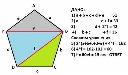 Периметр пятиугольника abcde равен 51 см. пятиугольник abcde диагоналями be и bd разделен на треугол