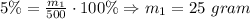 5\% = \frac{m_1}{500} \cdot 100\% \Rightarrow m_1 = 25 \ gram