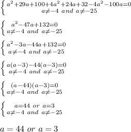 \left \{ {{a^2+29a+100+4a^2+24a+32-4a^2-100a=0} \atop {a\neq-4\ and\ a\neq-25}} \right. \\\\&#10; \left \{ {{a^2-47a+132=0} \atop {a\neq-4\ and\ a\neq-25}} \right. \\\\&#10; \left \{ {{a^2-3a-44a+132=0} \atop {a\neq-4\ and\ a\neq-25}} \right. \\\\&#10; \left \{ {{a(a-3)-44(a-3)=0} \atop {a\neq-4\ and\ a\neq-25}} \right. \\\\&#10; \left \{ {{(a-44)(a-3)=0} \atop {a\neq-4\ and\ a\neq-25}} \right. \\\\&#10; \left \{ {{a=44\ or\ a=3} \atop {a\neq-4\ and\ a\neq-25}} \right. \\\\&#10;a=44\ or\ a=3