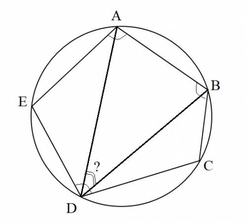 Пятиугольник abcde описан около окружности. углы ∠abc, ∠bae, ∠cde равны по 104◦ каждый. найти ∠adb.
